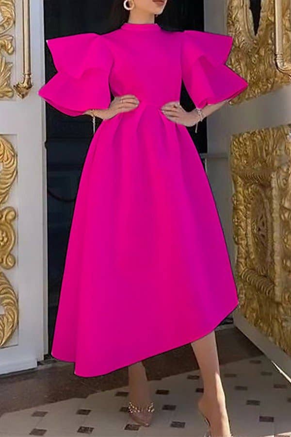 DOUBLE LOTUS SLEEVES SOLID COLOR SWING DRESS