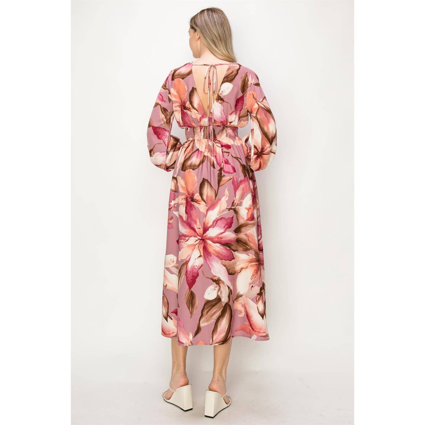OL24A140-LONG SLEEVE STRETCH WAIST MAXI DRESS
