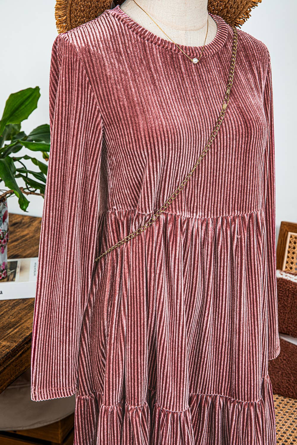 Fashion-W Long Sleeve Tiered Textured Velvet Dress
