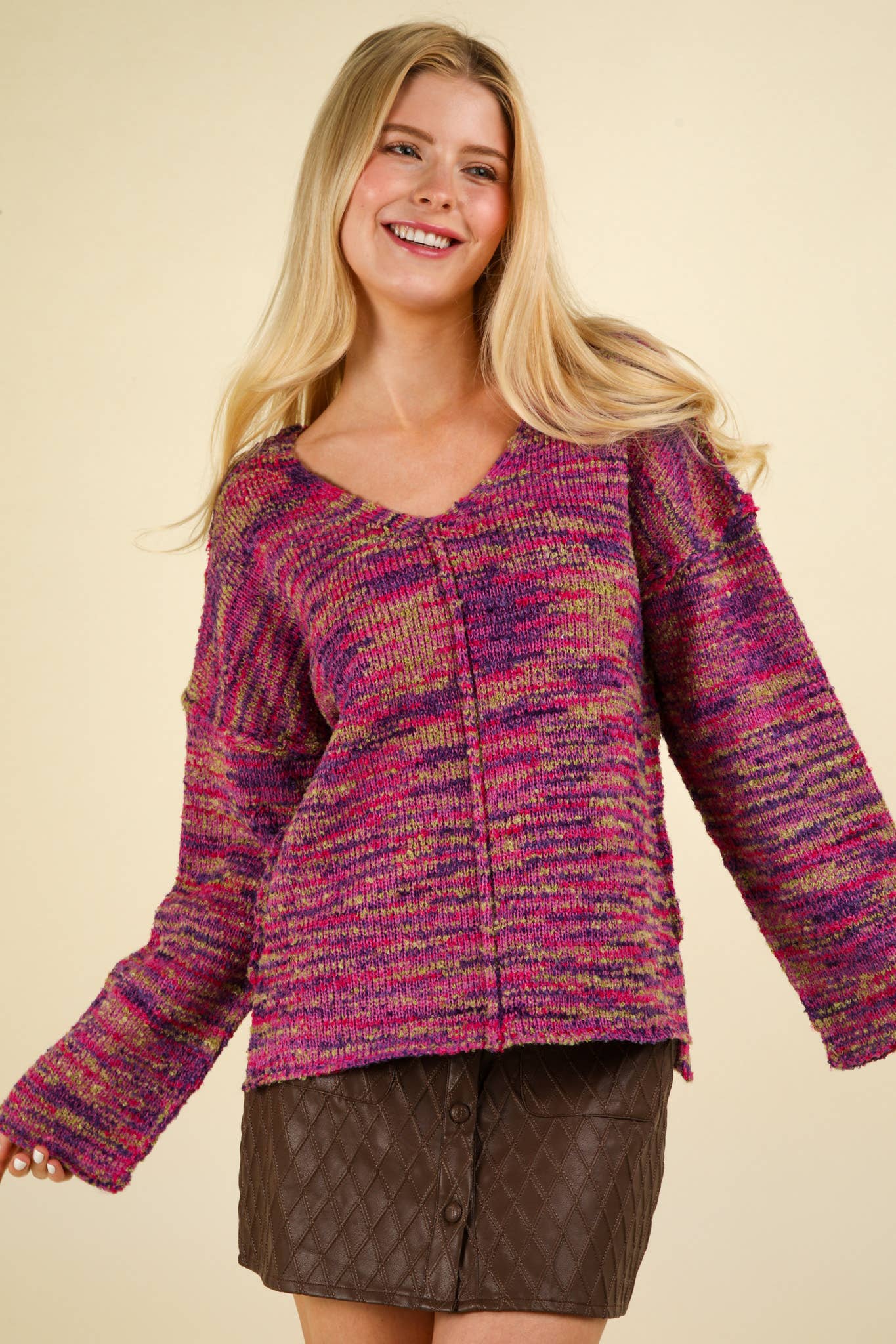 12W3270N-Oversized Casual Multi Color Knit Sweater Top