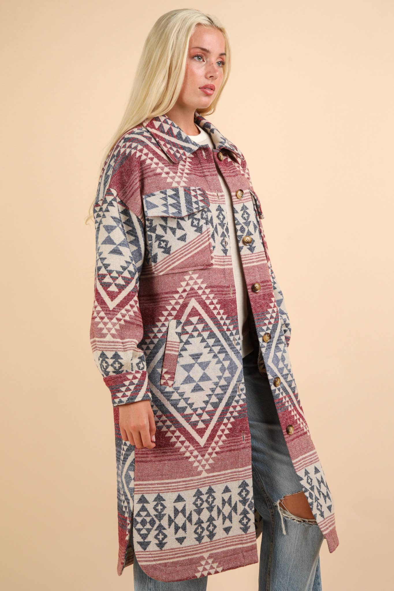 NJ90325-Aztec & Plaid Printed Shacket Jacket Coat