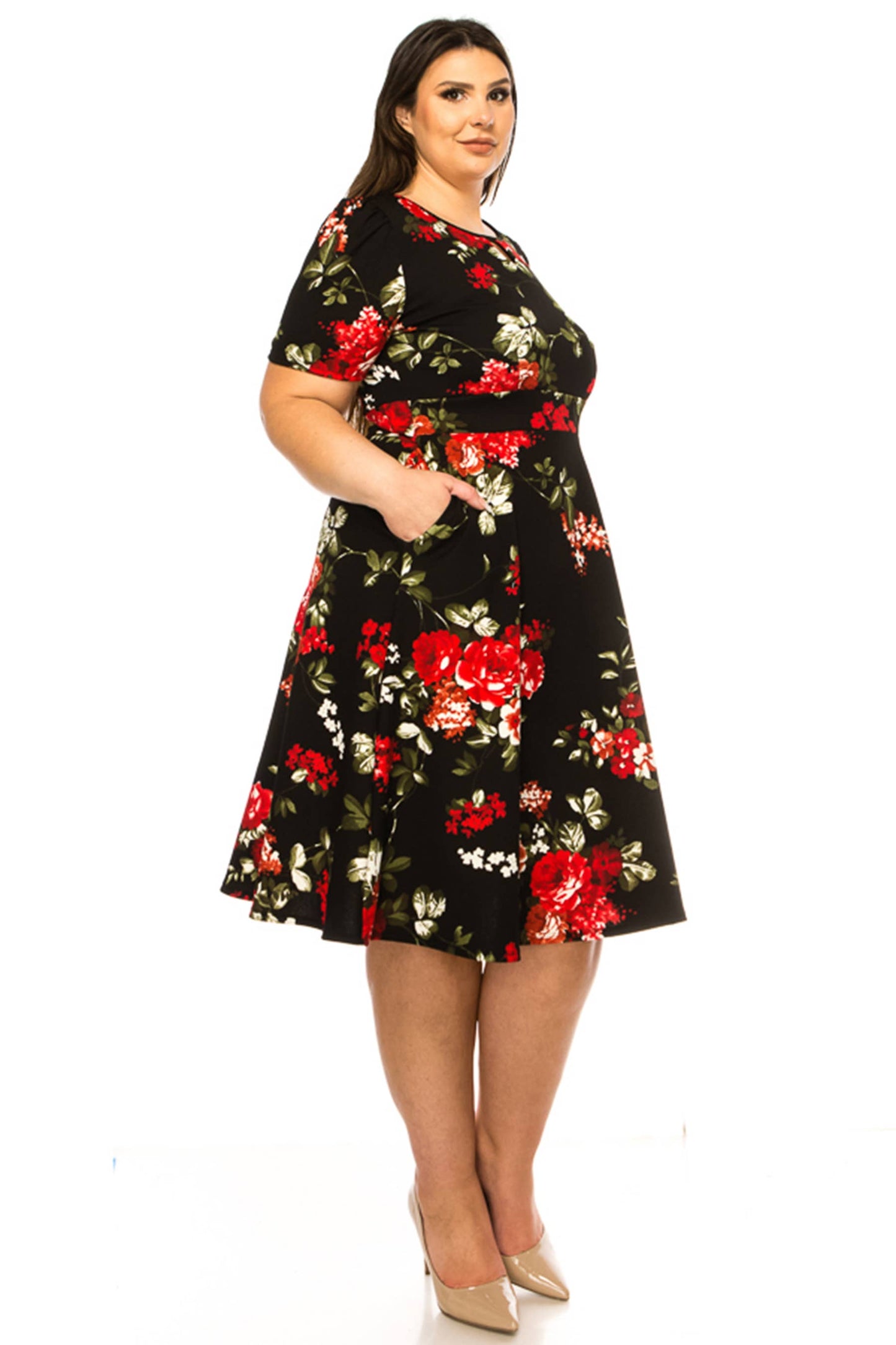 Women's Plus Size Dress with Puff Sleeves and Keyhole Front