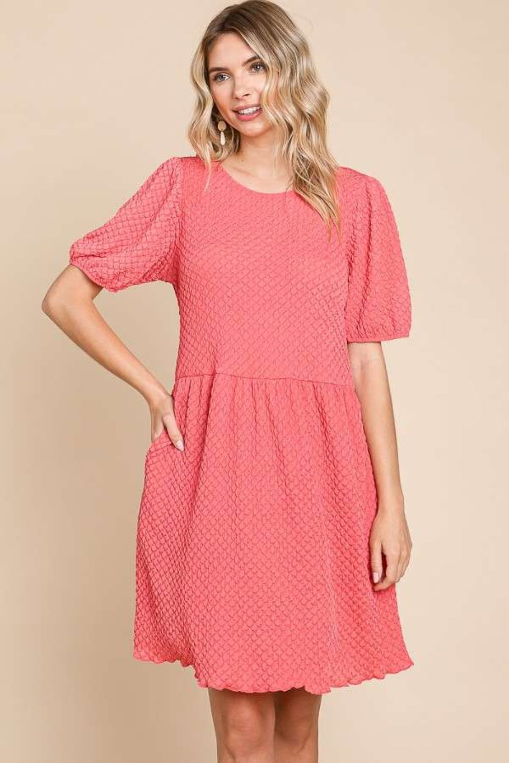 Full Size Textured Round Neck Puff Sleeve Dress