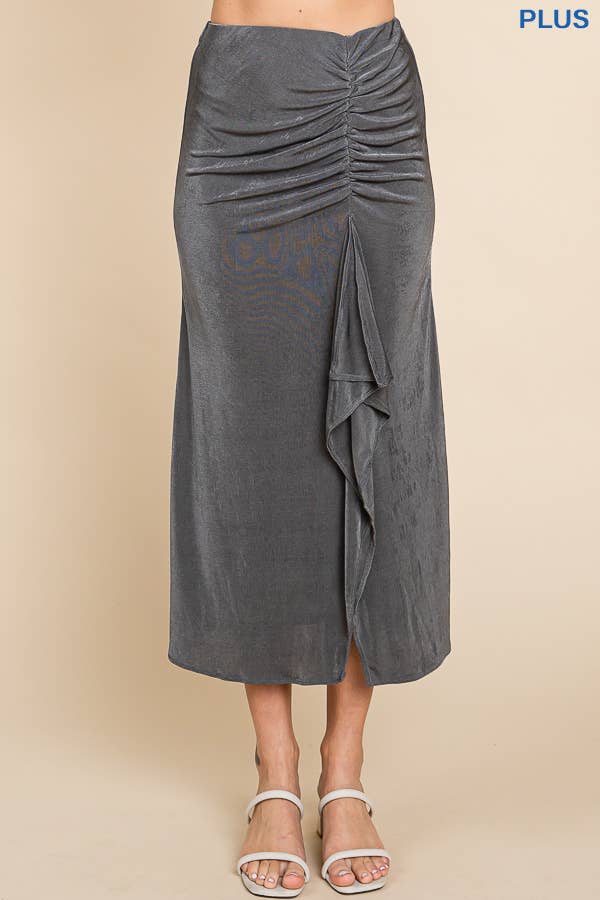CBR1229X-Plus Ruching Drape Midi Solid Skirt