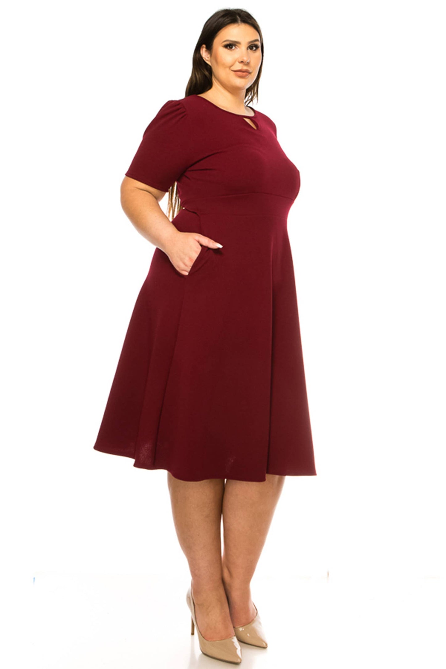 Women's Plus Size Dress with Puff Sleeves and Keyhole Front