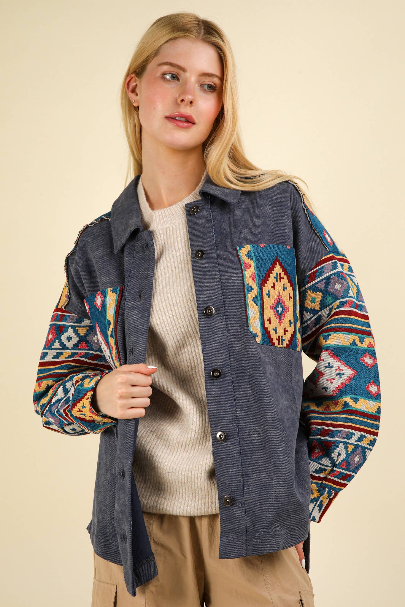 NJ90328-Aztec Graphic Oversized Button Down Shacket Jacket