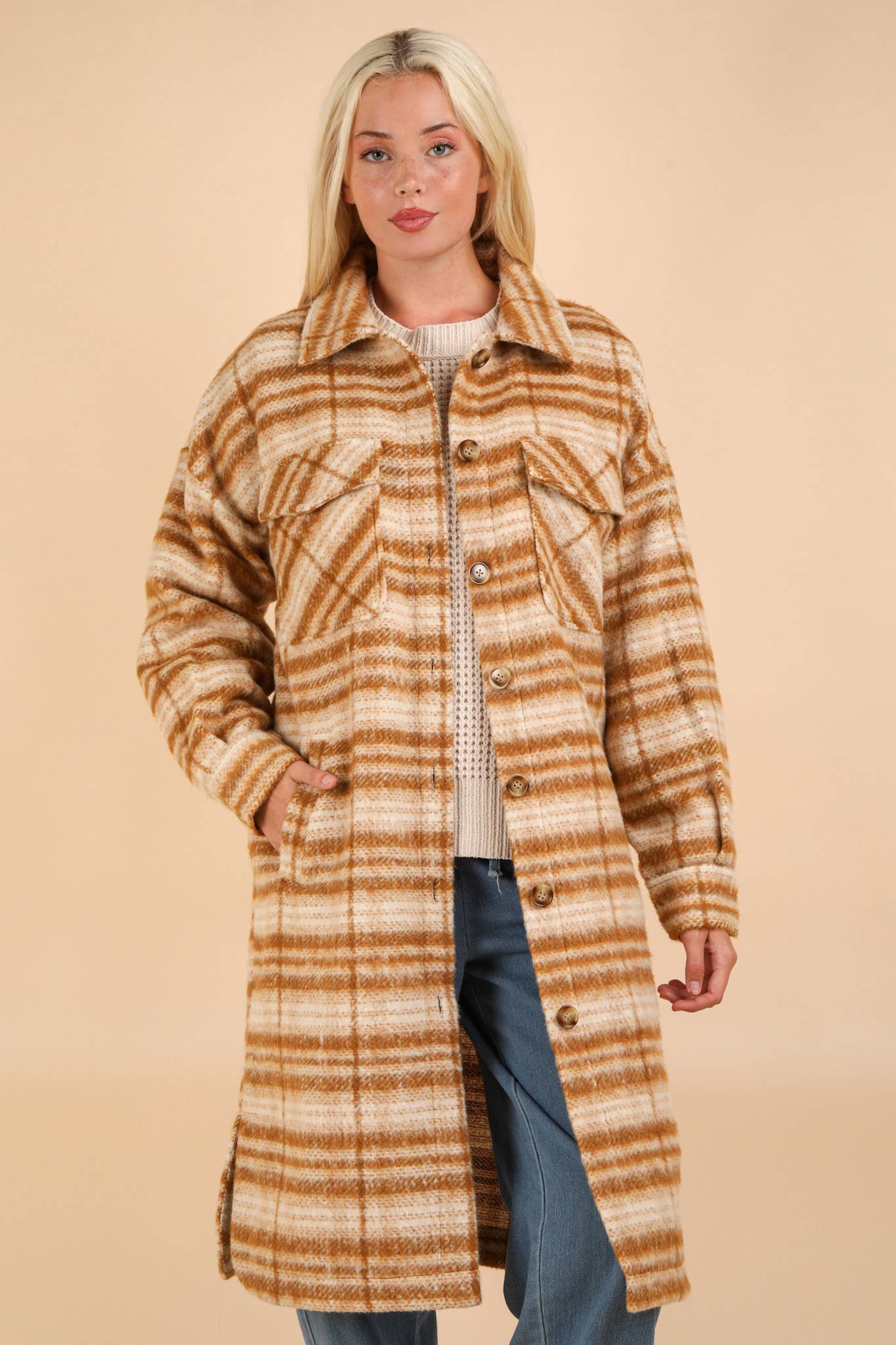 NJ90325-Aztec & Plaid Printed Shacket Jacket Coat
