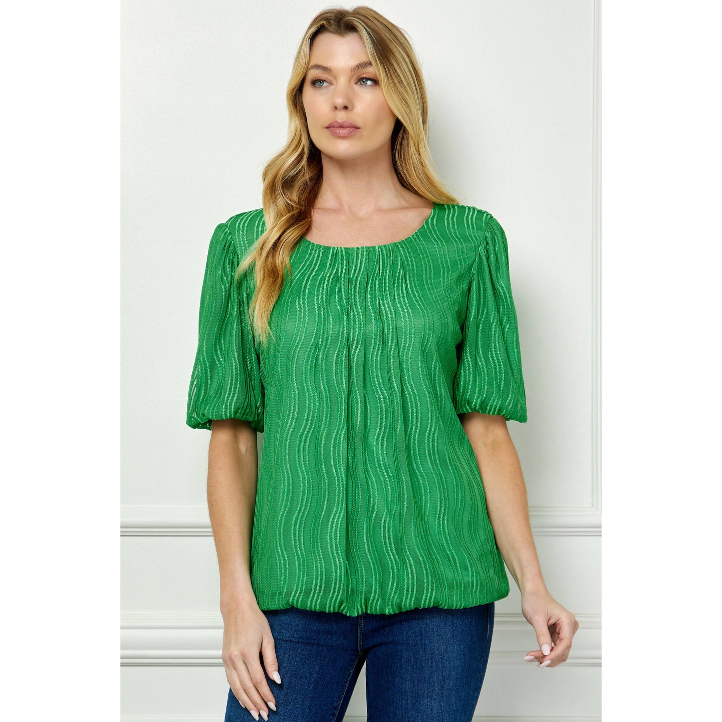 WAVE CORD MESH BUBBLE SLEEVE PLEATS TOP