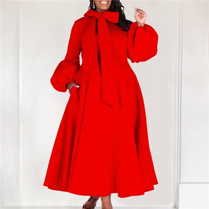 Bubble Sleeve Tie-Waist Maxi Evening Dress