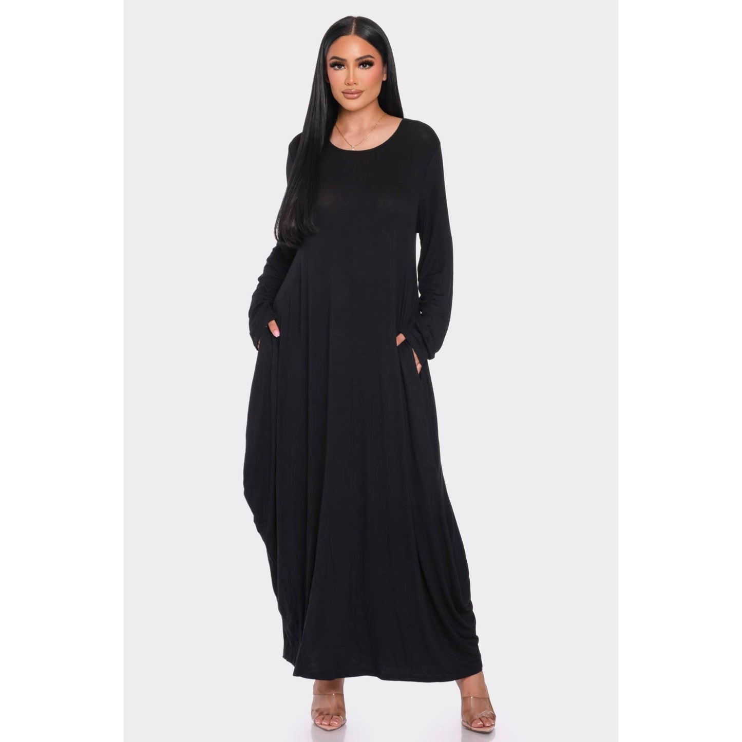 Solid Maxi Long Sleeve Tunic Dress with Pockets