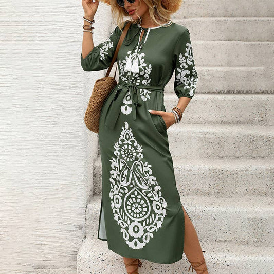 Green Split Hem Folk Style Midi Dress with Belt