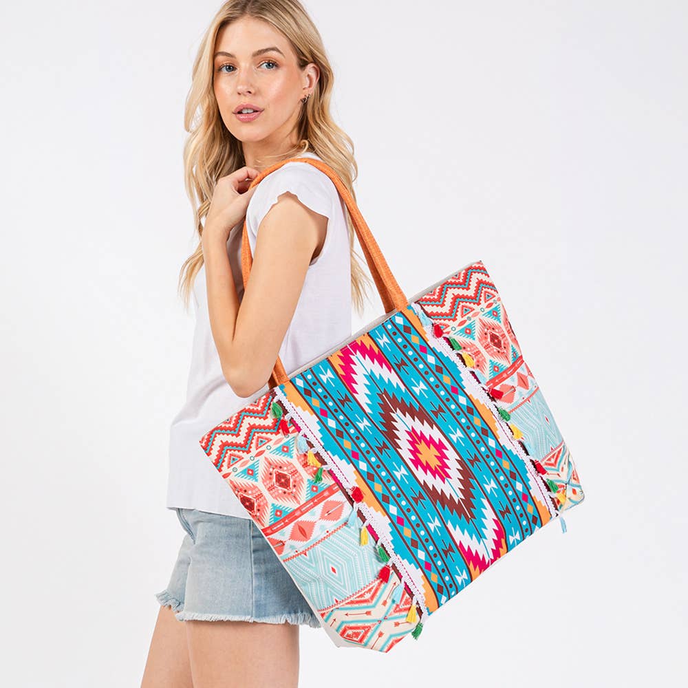 Boho Print Fringe Tote Bag
