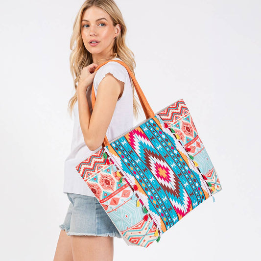 Boho Print Fringe Tote Bag