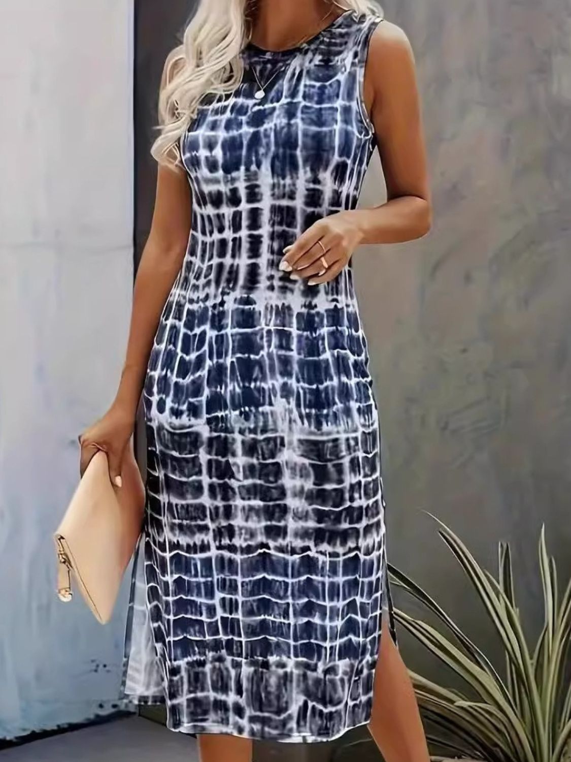 Slit Printed Round Neck Sleeveless Dress