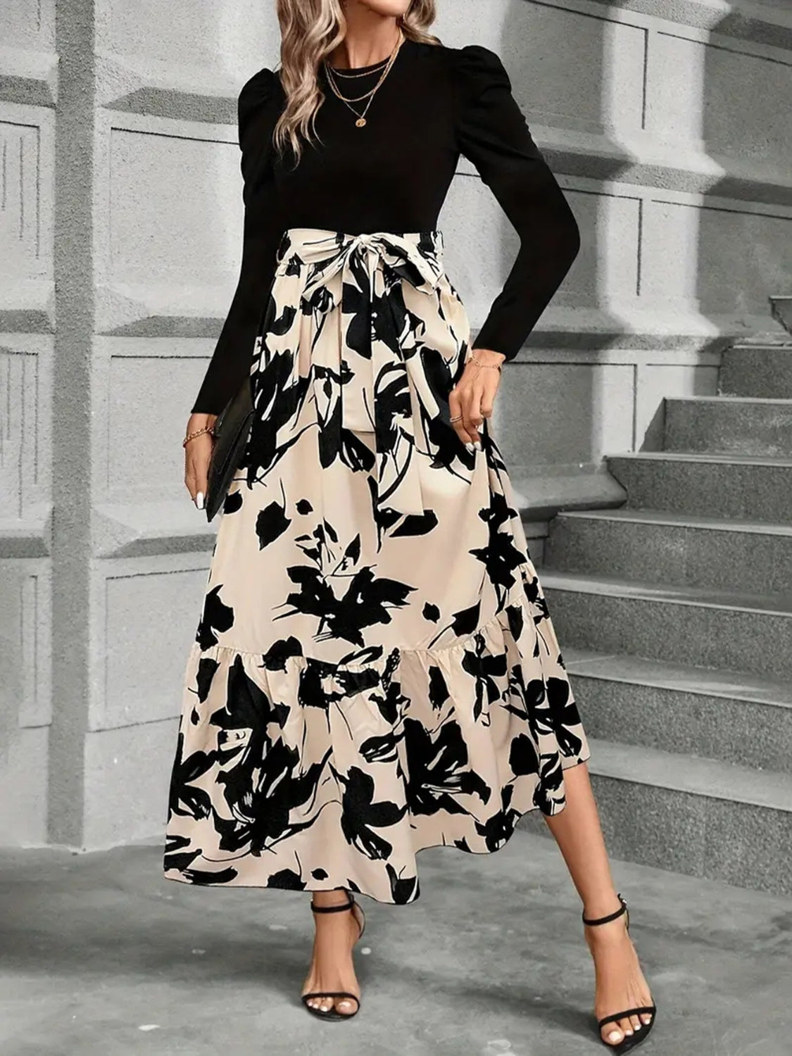 Tied Printed Round Neck Long Sleeve Midi Dress