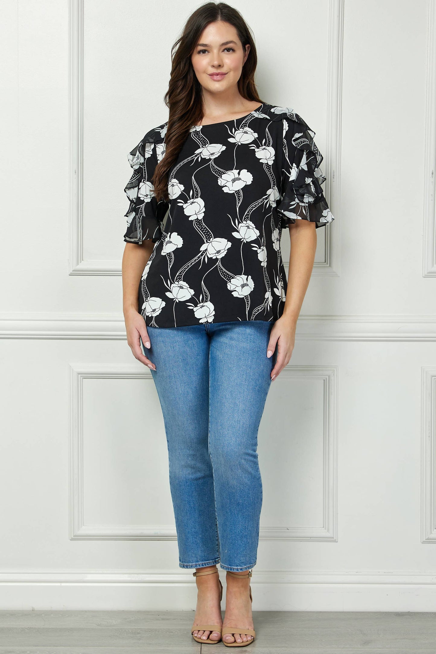 PLUS SIZE BOATNECK TOP WITH RUFFLE SLEEVES