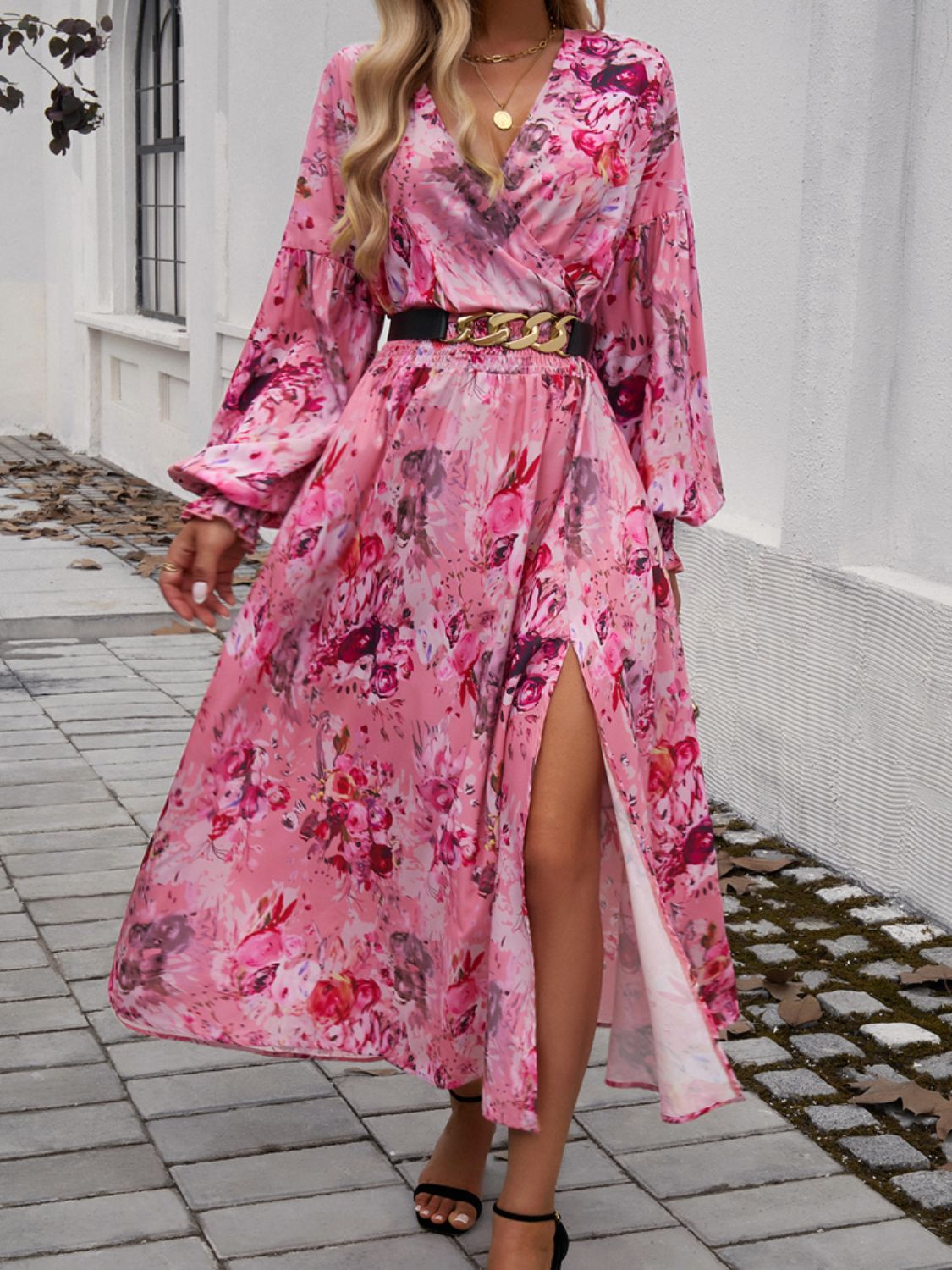 Split Printed Surplice Long Sleeve Midi Dress