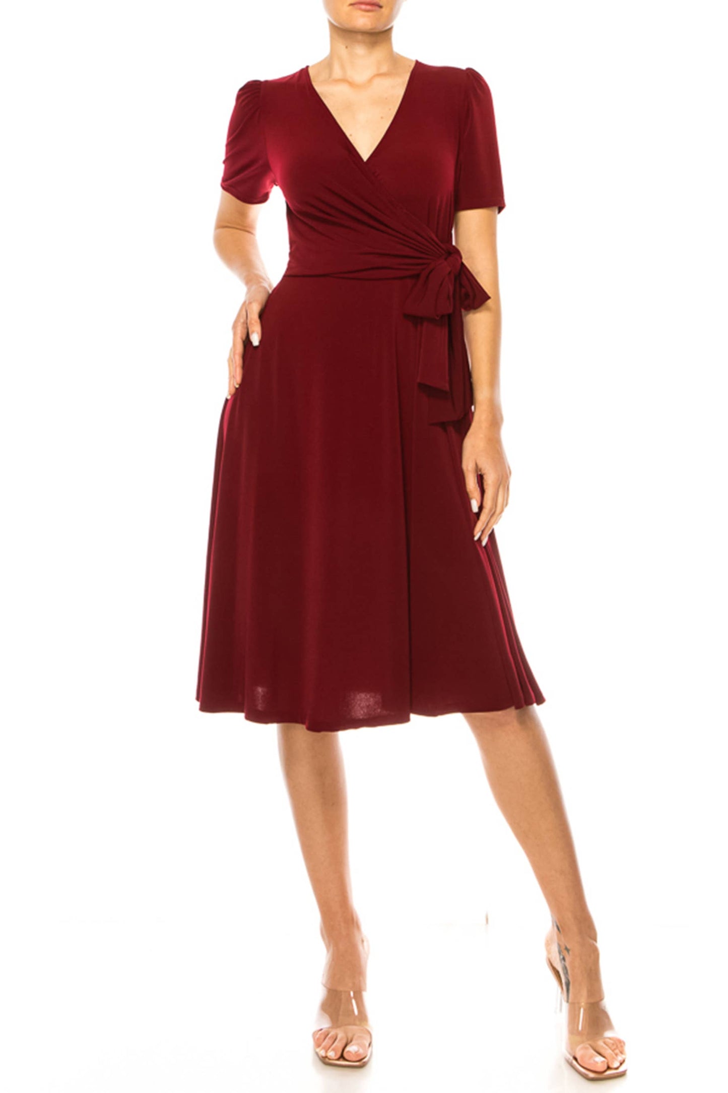 Stylish Solid Faux Wrap Dress with Deep V-Neck
