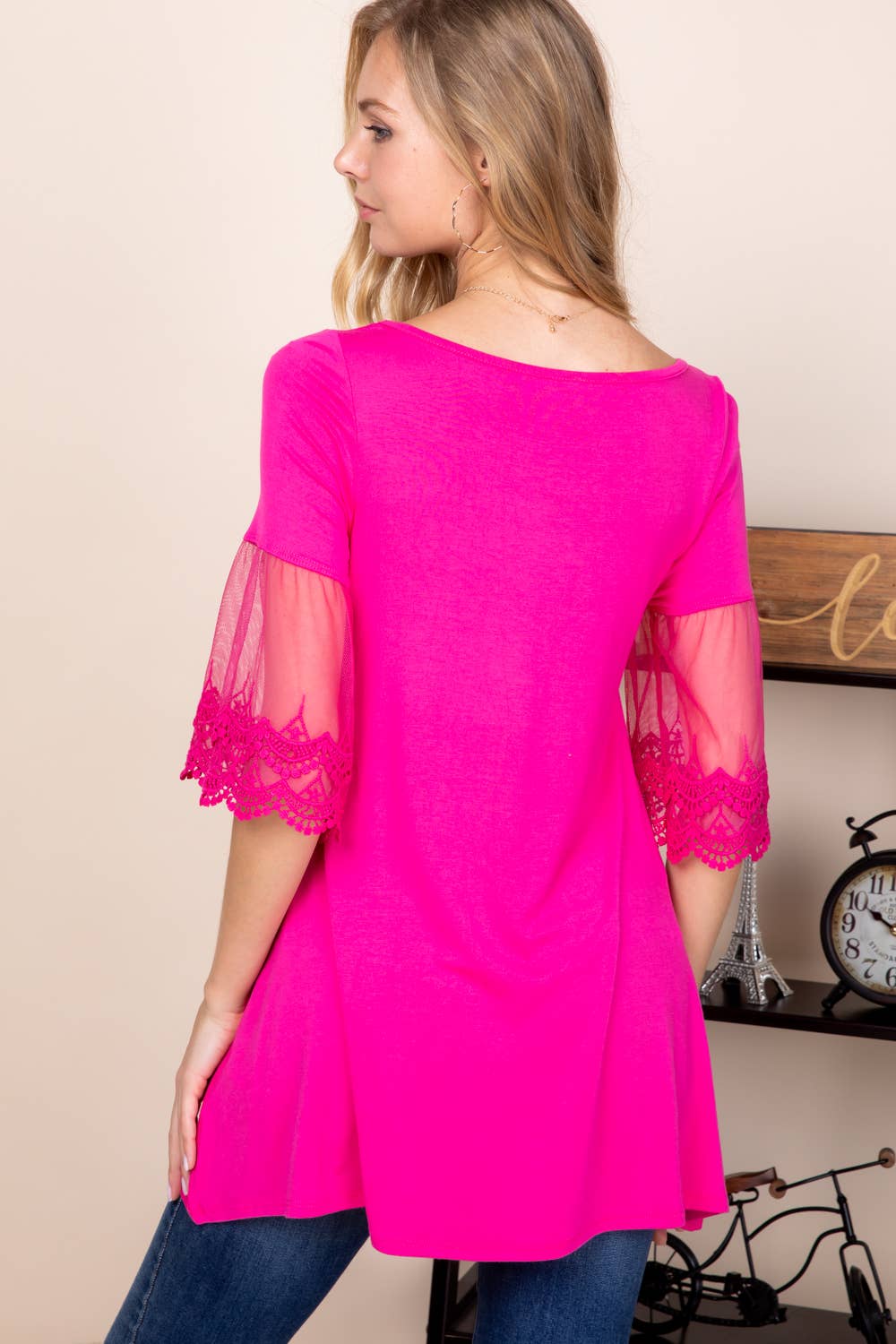 ETK-4105 Lace Sleeve Tunic Jersey Top