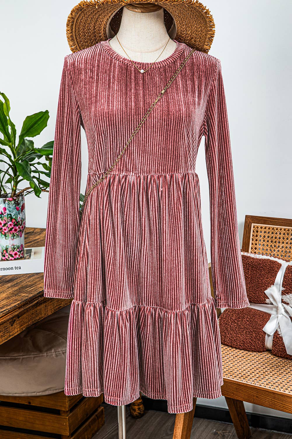 Fashion-W Long Sleeve Tiered Textured Velvet Dress