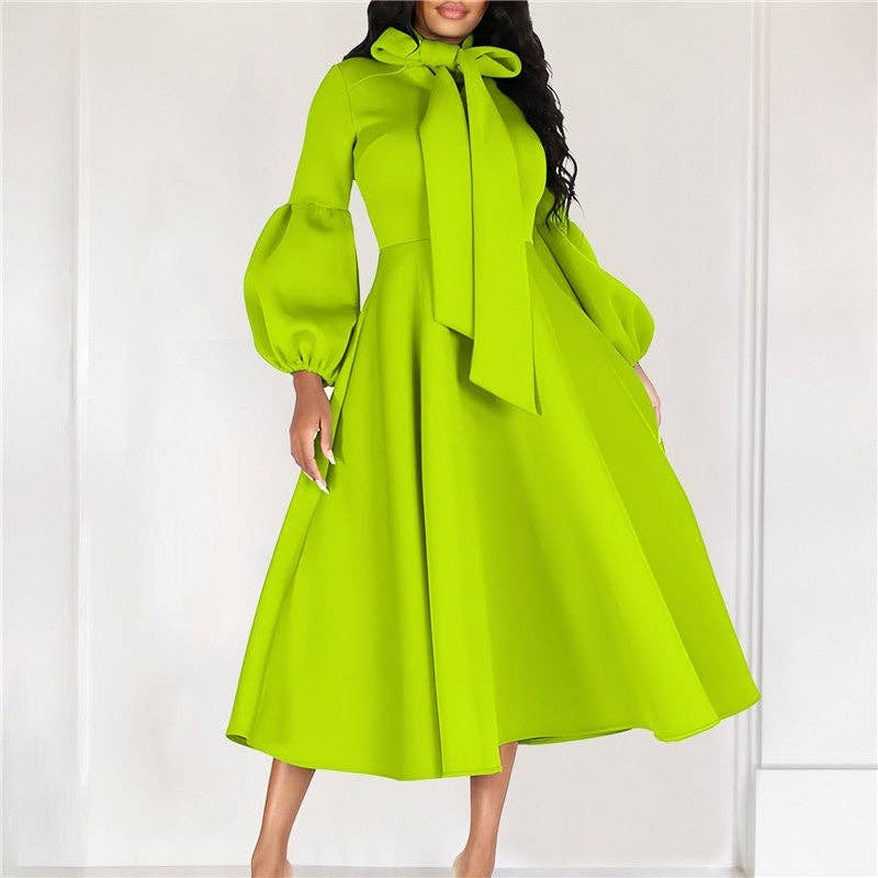 Bubble Sleeve Tie-Waist Maxi Evening Dress