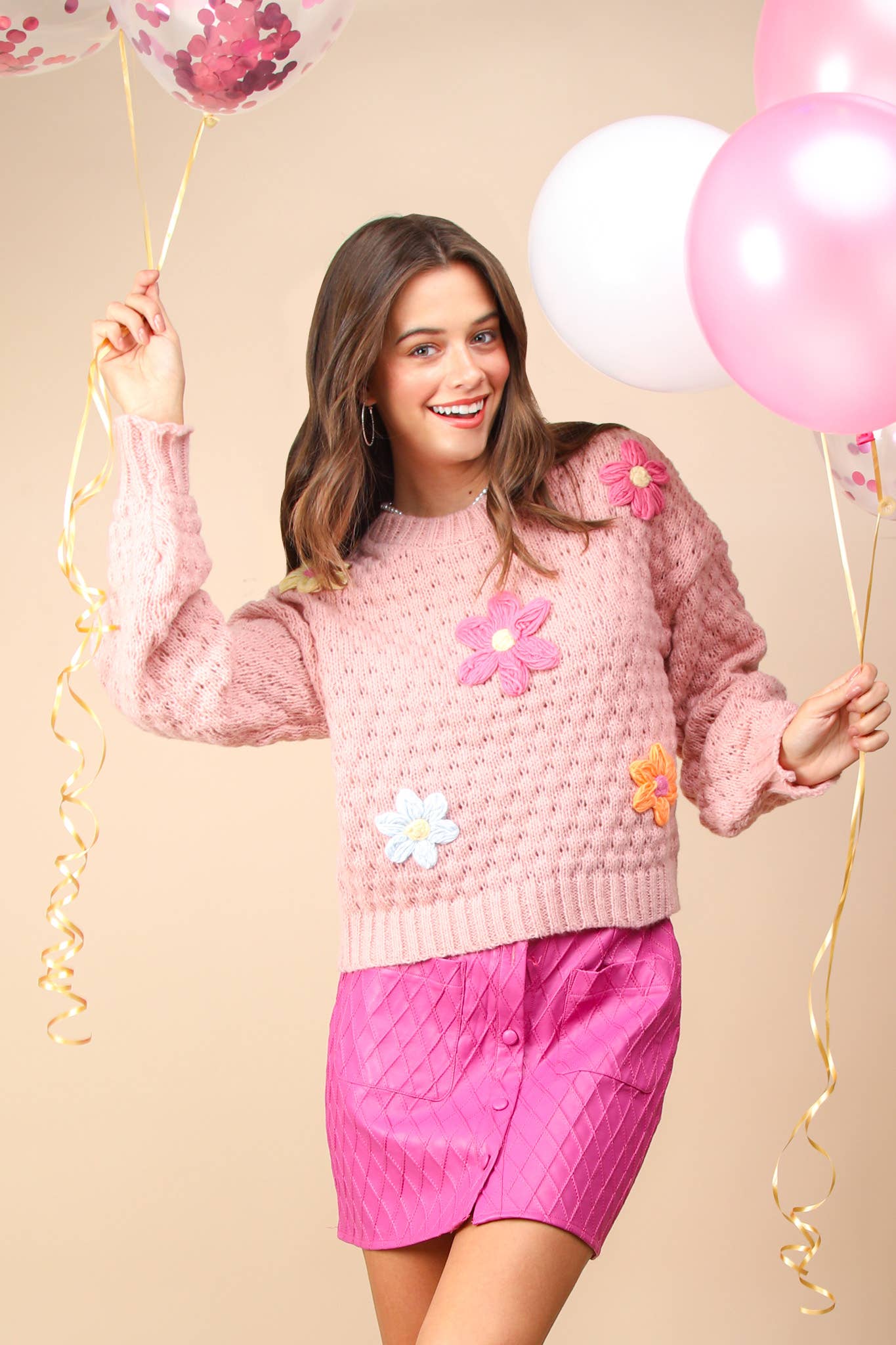 12W3111N-Hand Made Flower Applique Knit Sweater Top