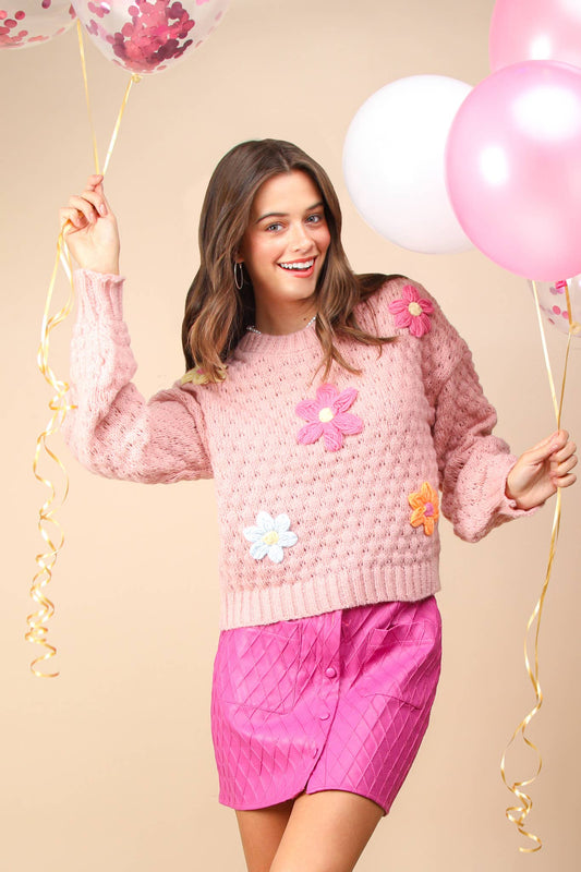 12W3111N-Hand Made Flower Applique Knit Sweater Top