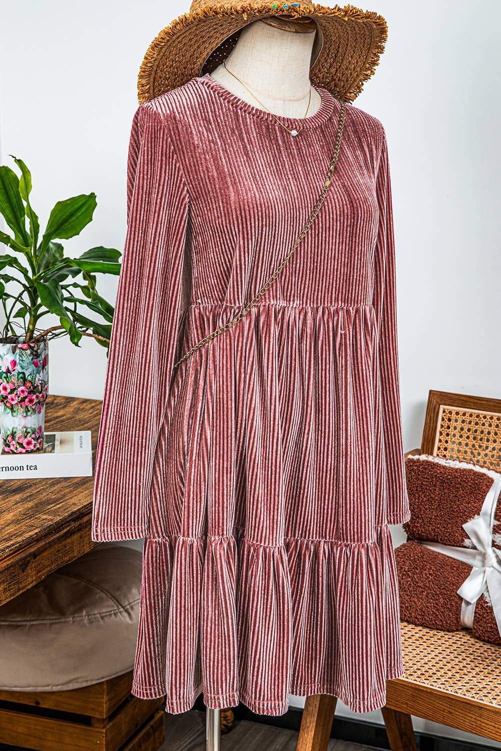 Fashion-W Long Sleeve Tiered Textured Velvet Dress