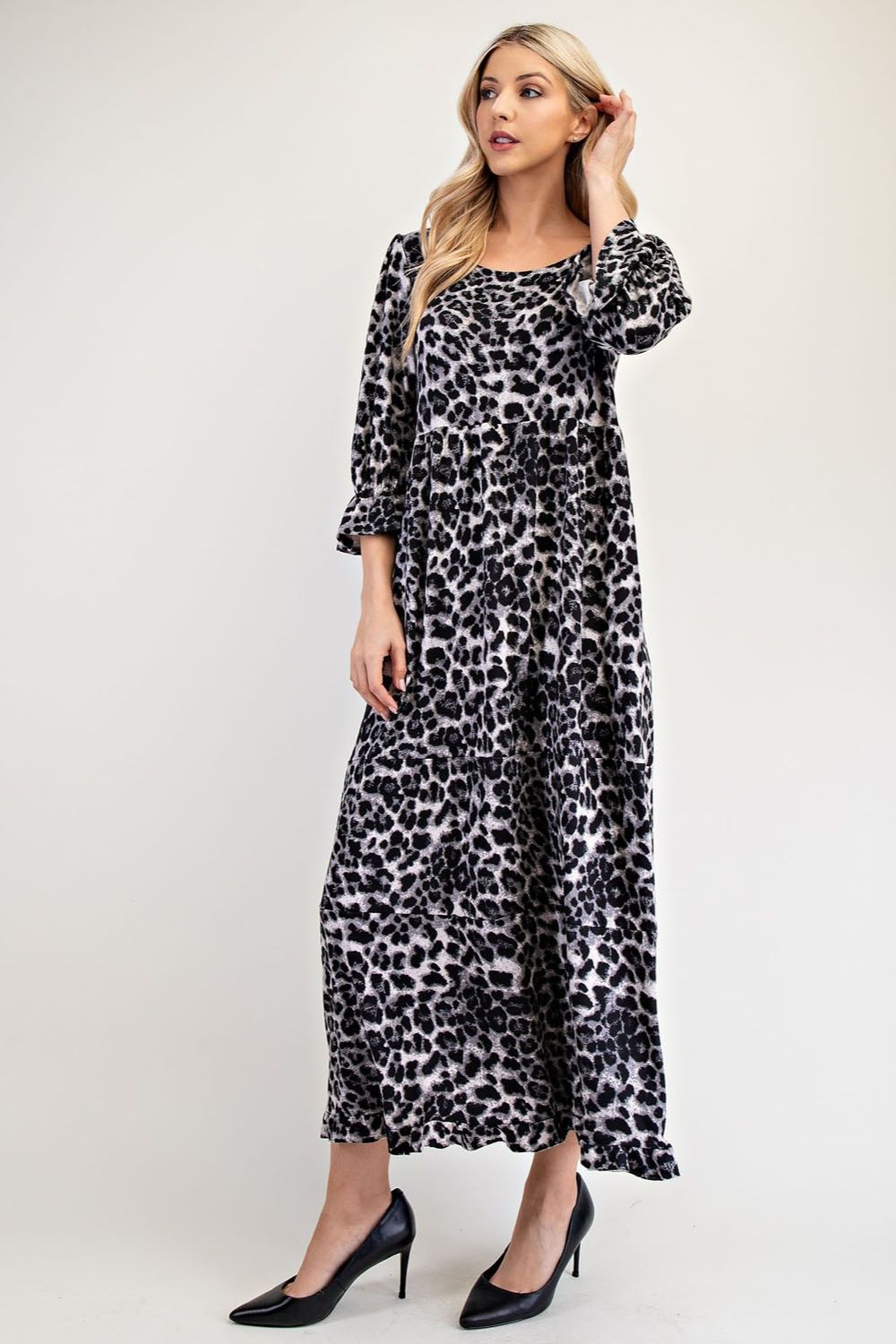 Celeste Full Size Leopard Round Neck Flounce Sleeve Dress