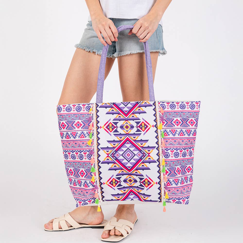 Boho Print Fringe Tote Bag