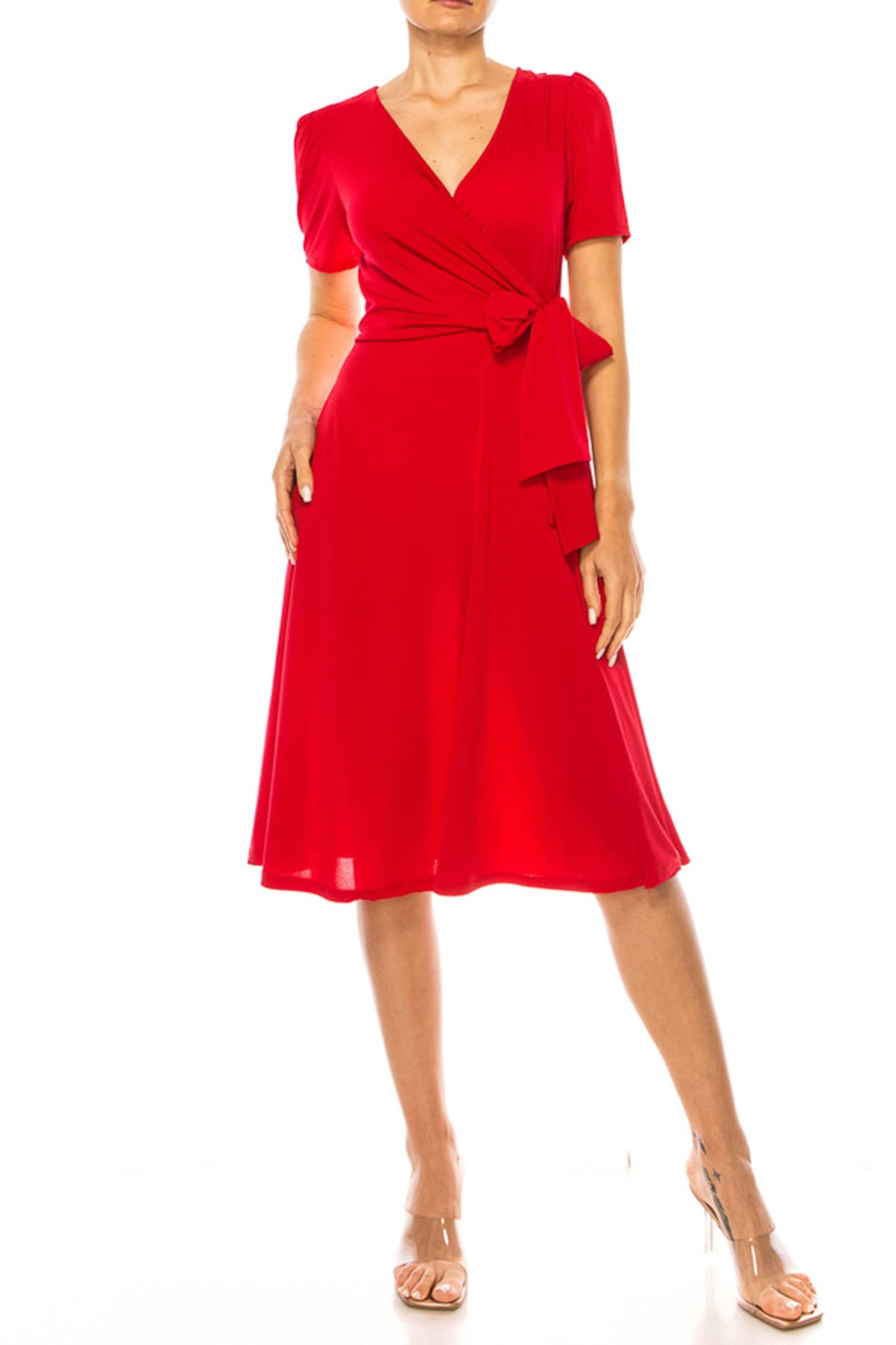 Stylish Solid Faux Wrap Dress with Deep V-Neck