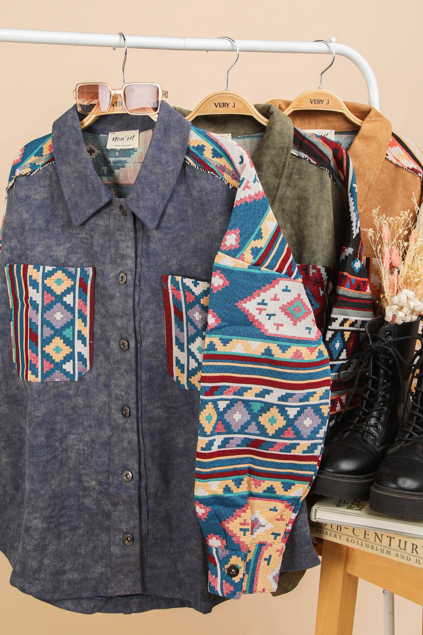 NJ90328-Aztec Graphic Oversized Button Down Shacket Jacket