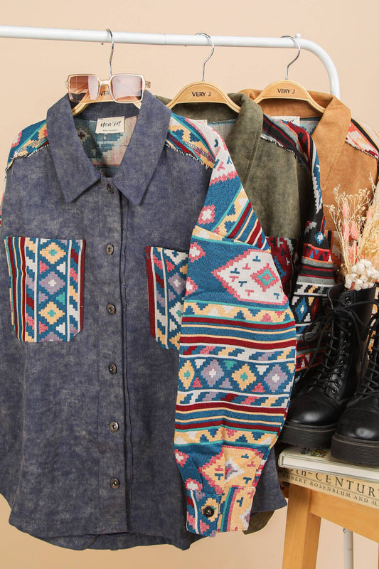 NJ90328-Aztec Graphic Oversized Button Down Shacket Jacket