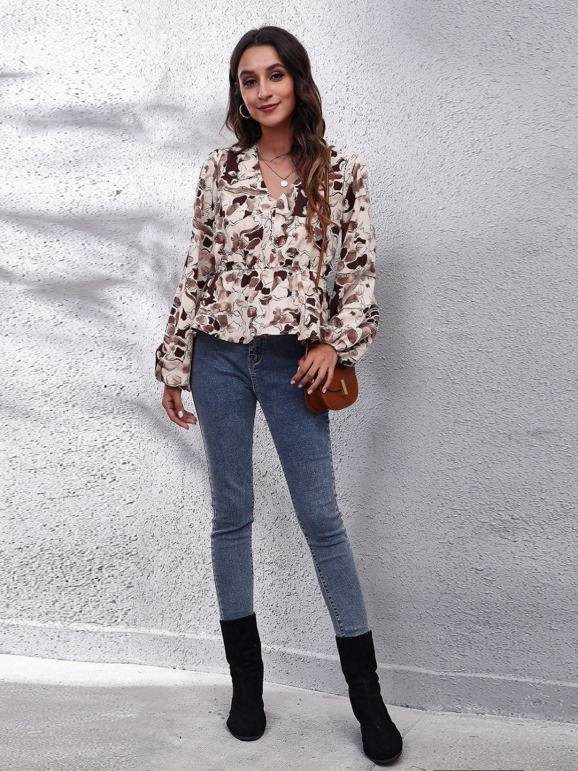 Ruched Printed V-Neck Long Sleeve Blouse