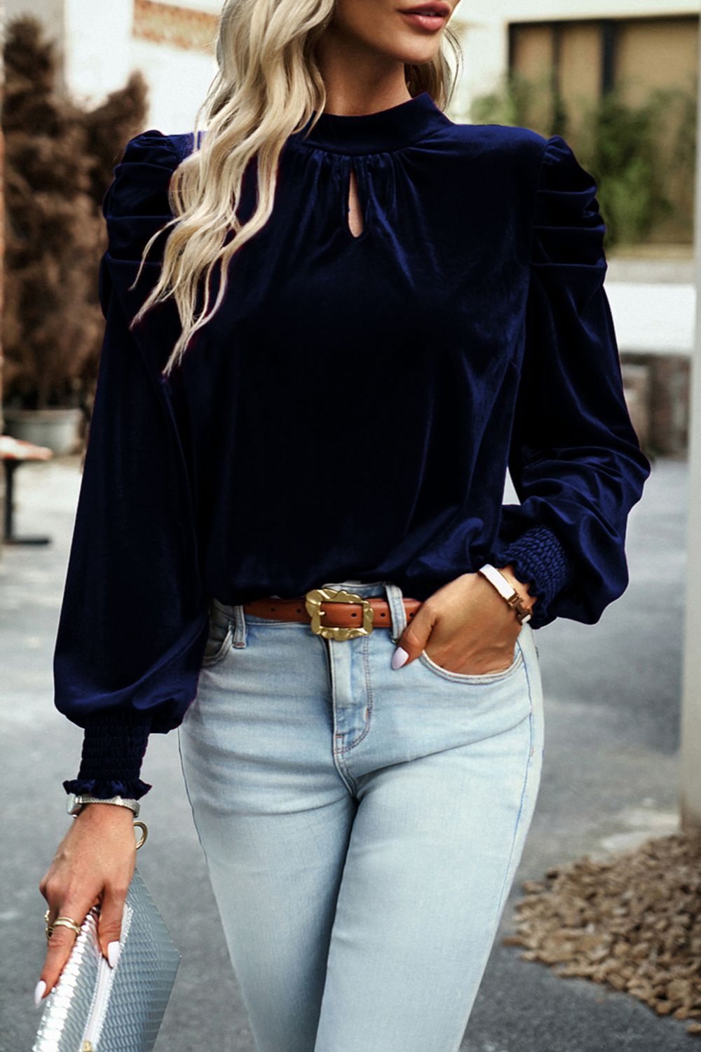 Tie Up Mock Neck Velvet Fabric Long Sleeve Blouse