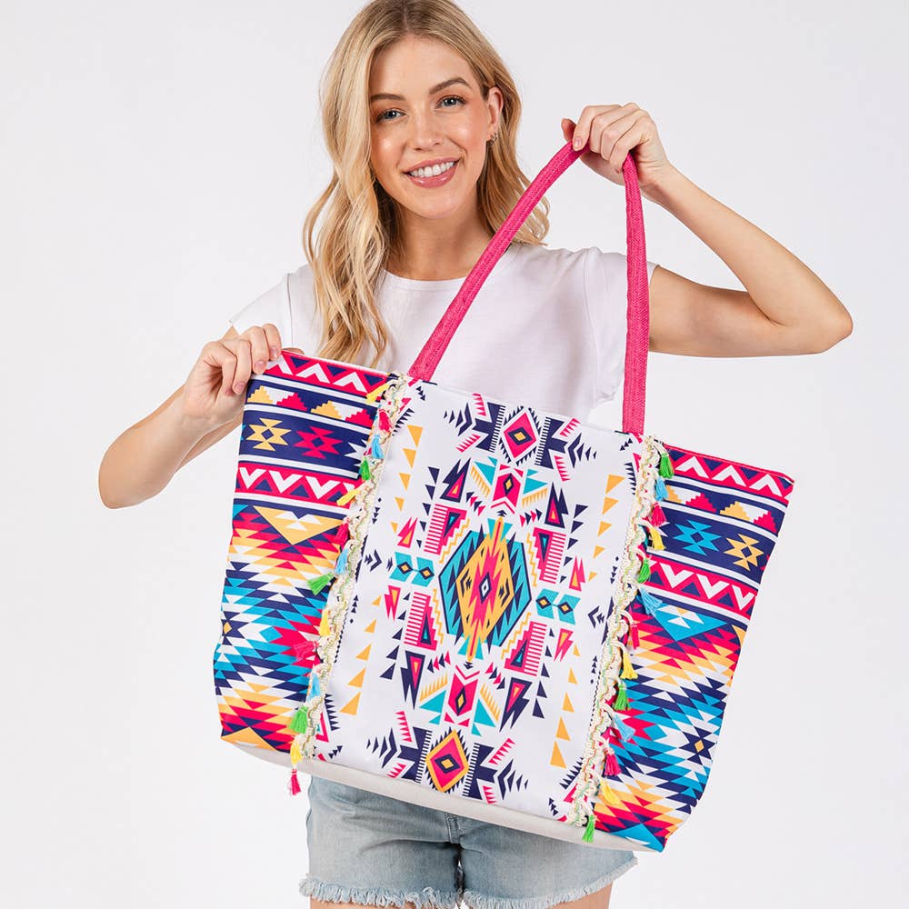 Boho Print Fringe Tote Bag