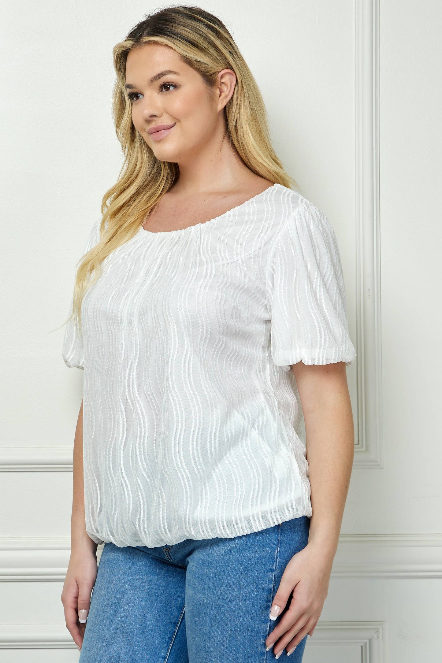 PLUS SIZE WAVE CORD MESH BUBBLE SLEEVE PLEATS TOP