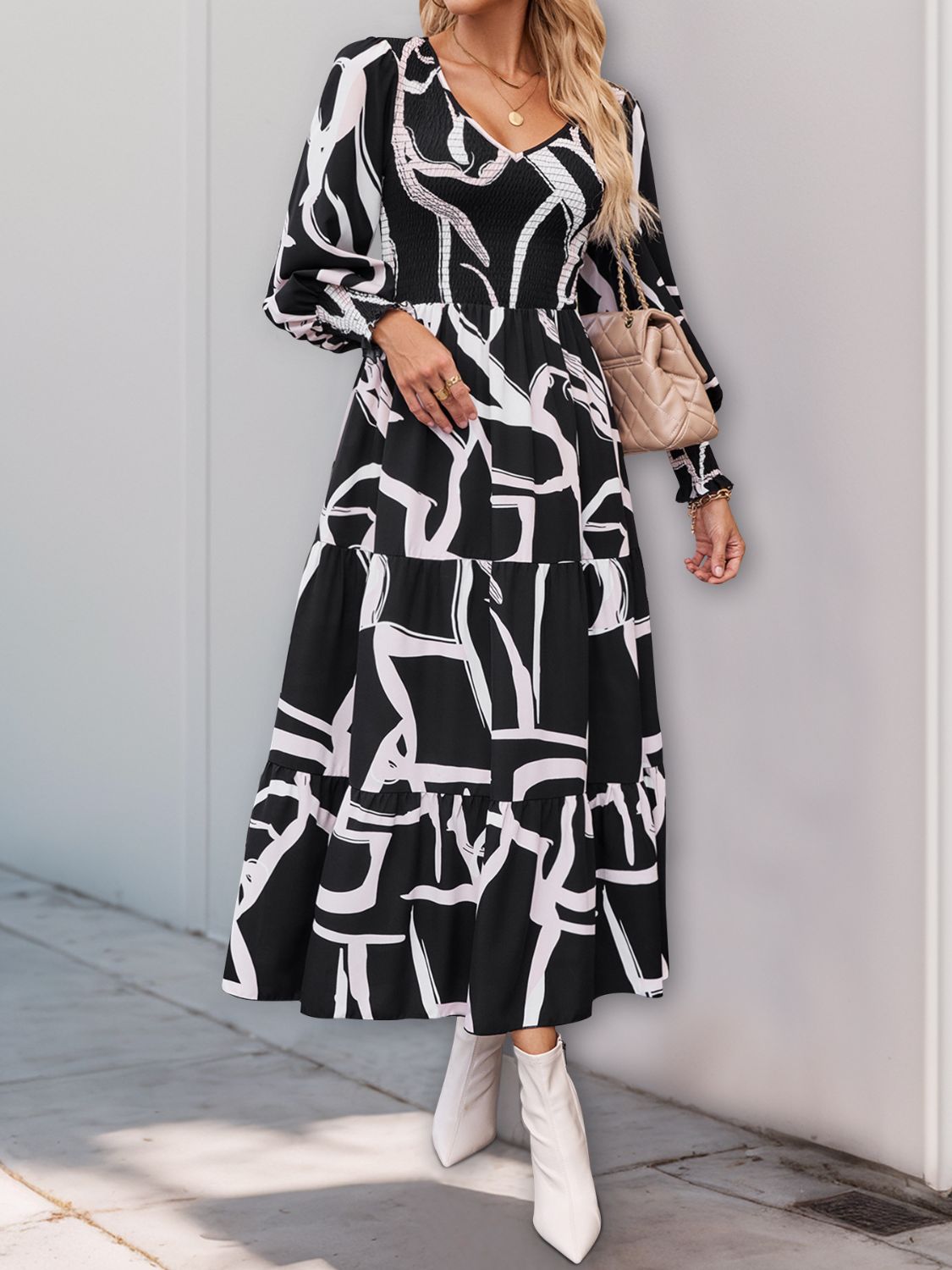 Smocked Printed Long Sleeve Midi Dress