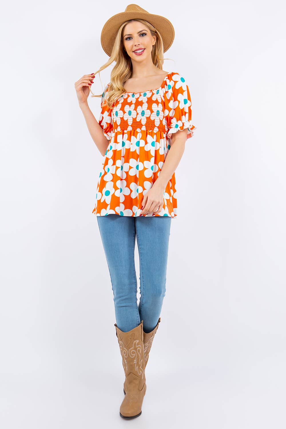 FLORAL PRINT SMOCKED TOP WITH PUFF SLEEVE -CT43822A