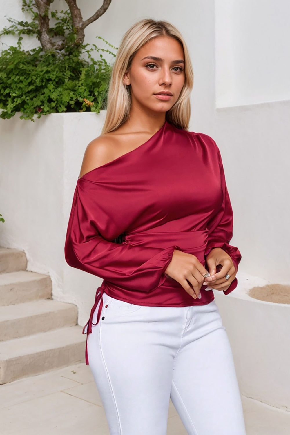 Drawstring One Shoulder Long Sleeve Blouse