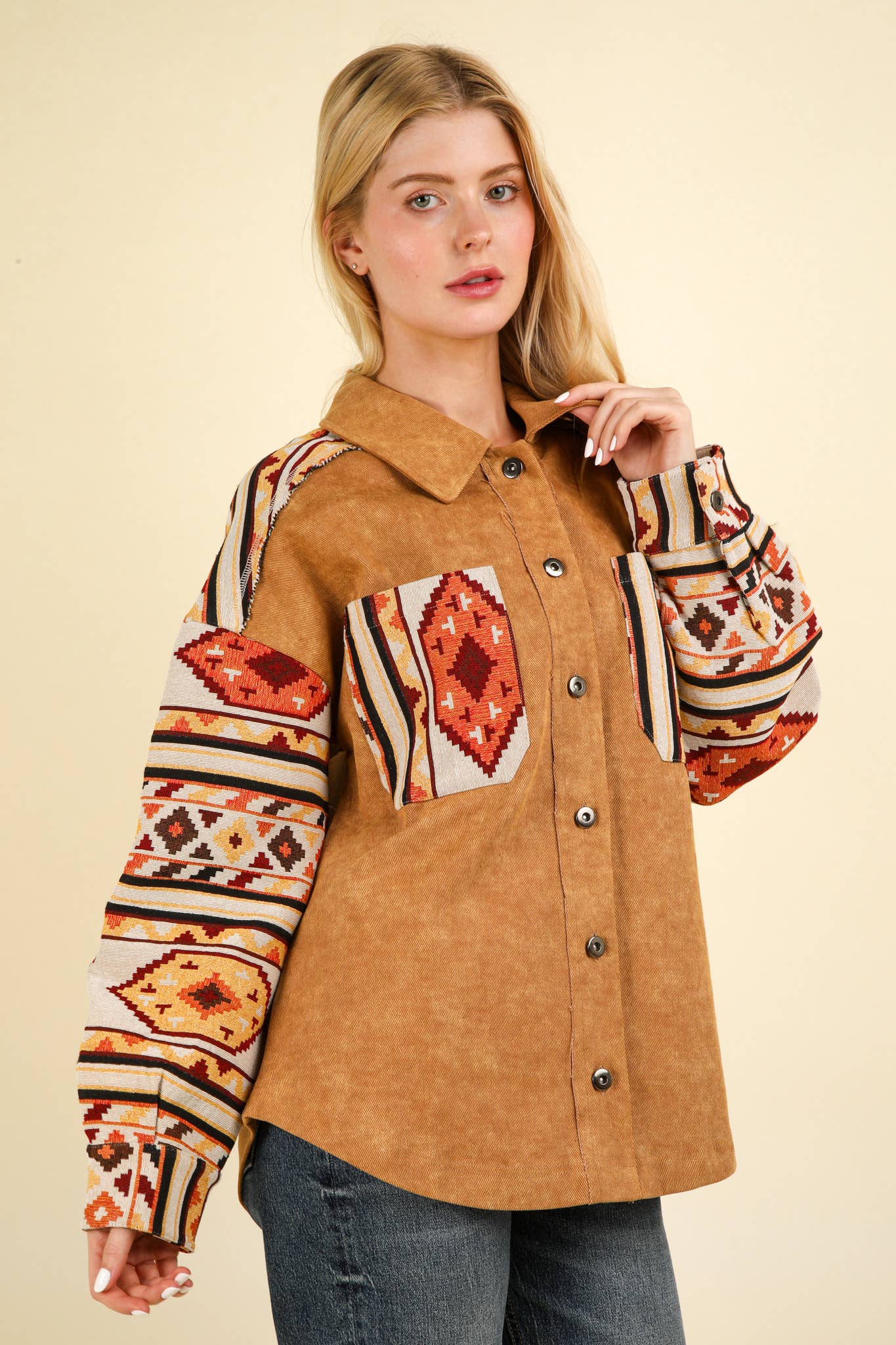 NJ90328-Aztec Graphic Oversized Button Down Shacket Jacket