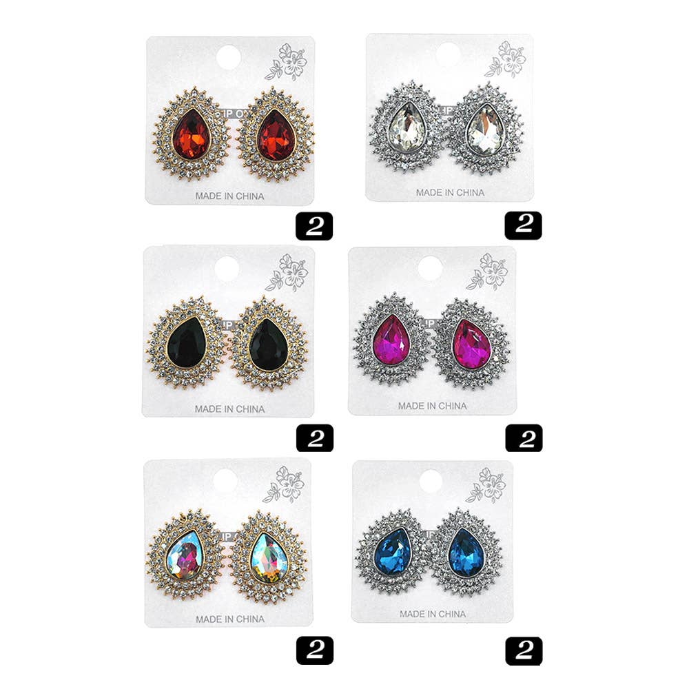 12Pairs - Teardrop Glass Stone Cluster Clip On Earrings