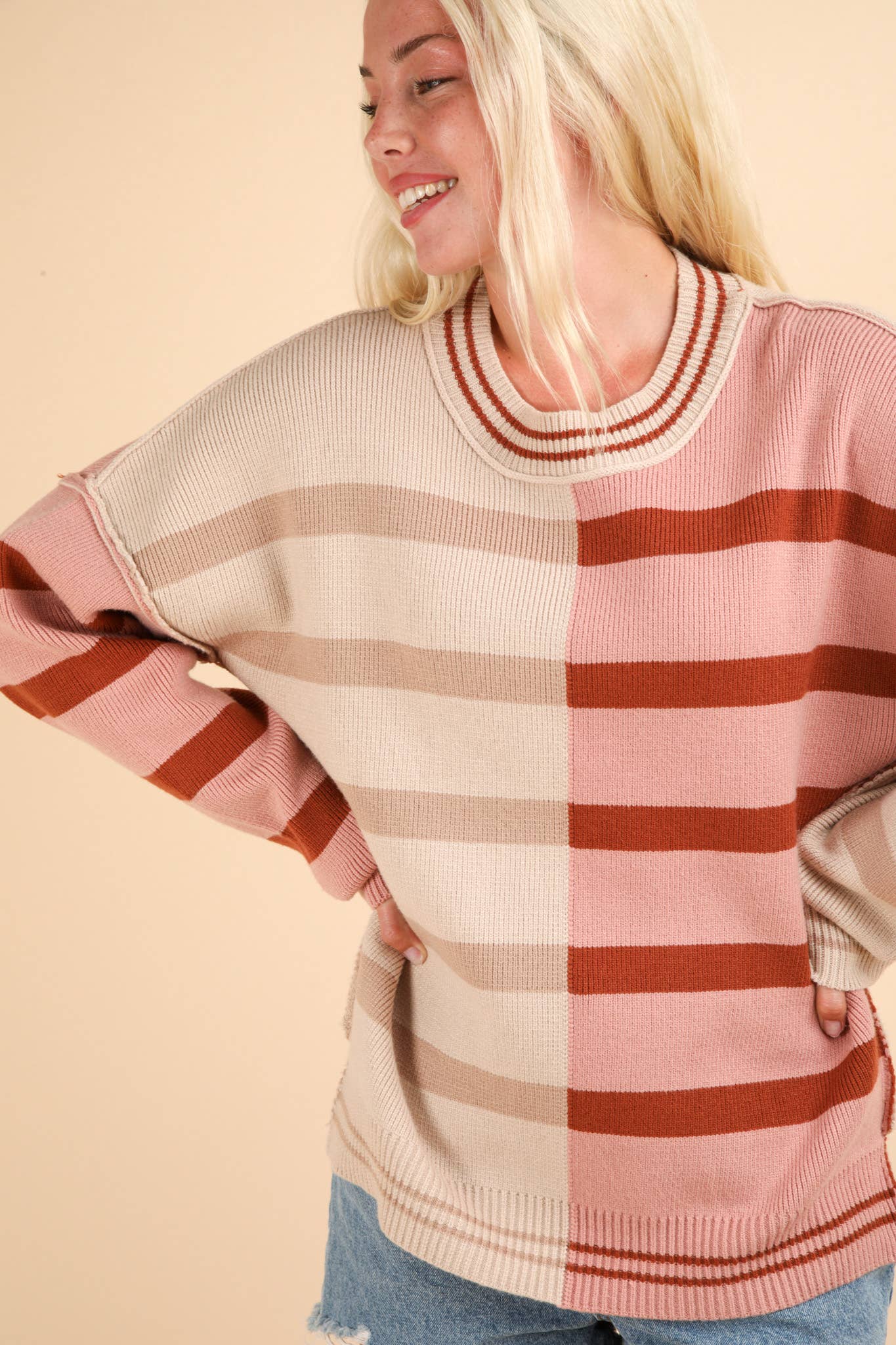 12W3185N-Color Block Oversized Striped Knit Sweater Top