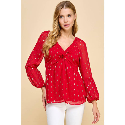 FOIL DOT CHIFFON LONG SLEEVE TWIST BODICE TOP T8262110F