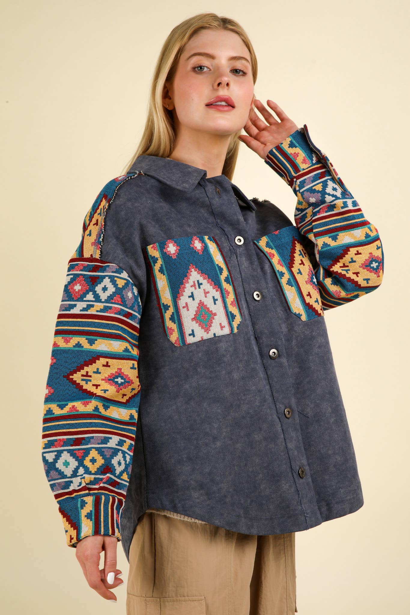 NJ90328-Aztec Graphic Oversized Button Down Shacket Jacket