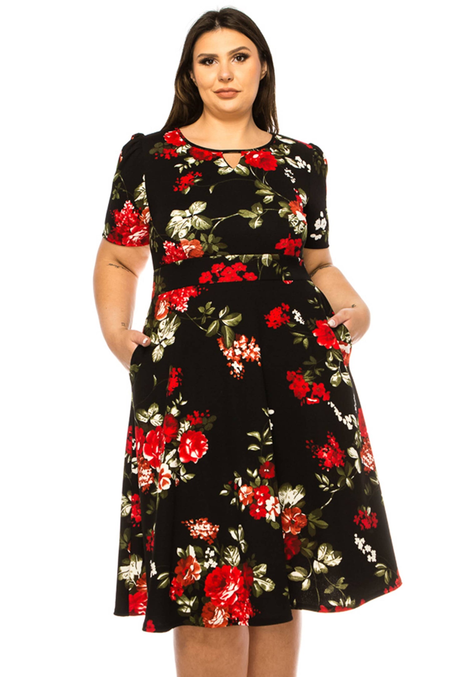 Women's Plus Size Dress with Puff Sleeves and Keyhole Front