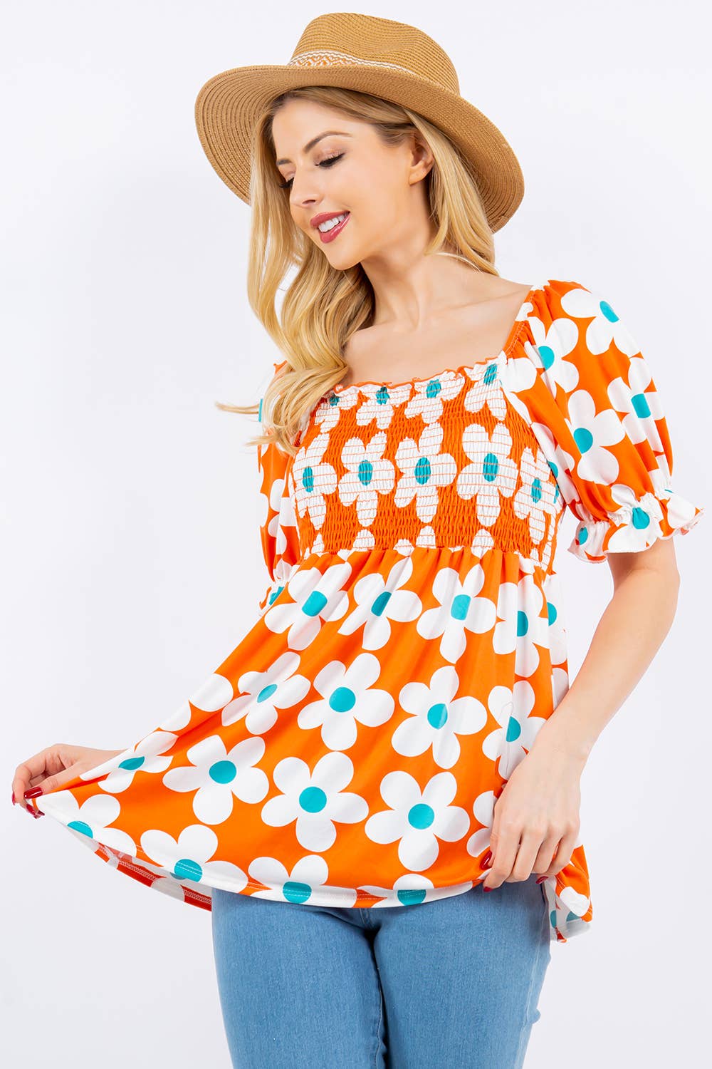 FLORAL PRINT SMOCKED TOP WITH PUFF SLEEVE -CT43822A