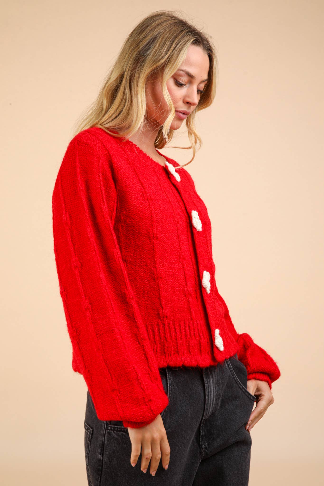 12W3115N-Floral Button Crop Length Knit Sweater Cardigan