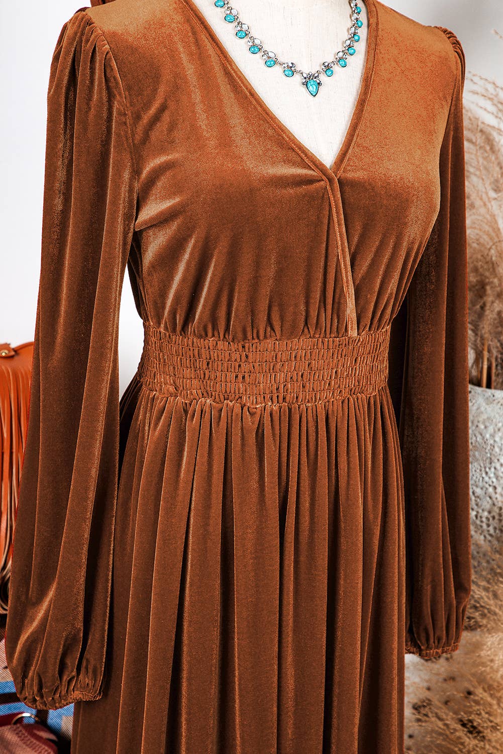 Fashion-W V Neck Smocked High Waist Velvet Midi Dress