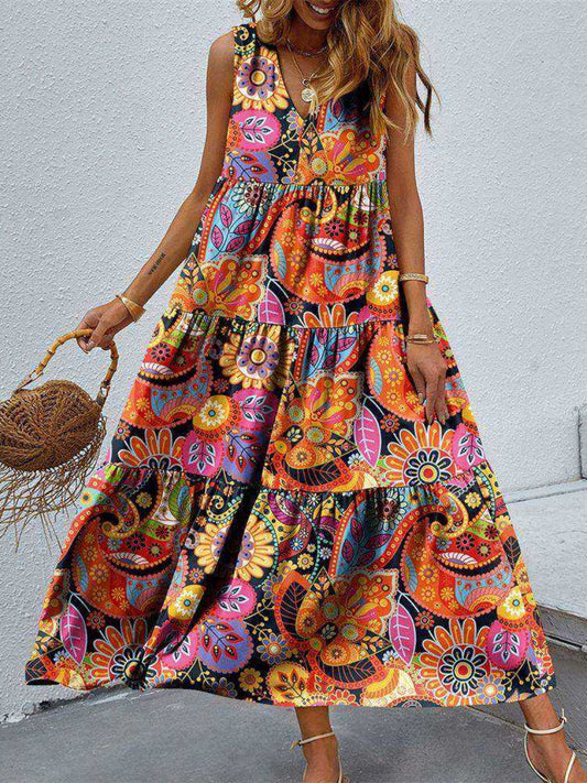 Tiered Printed V-Neck Sleeveless Dress